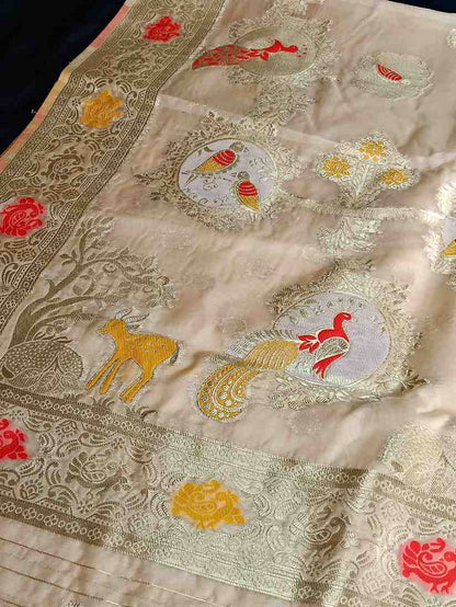 OFF WHITE PARROT PARTY BANARASI ORGANZA SAREE