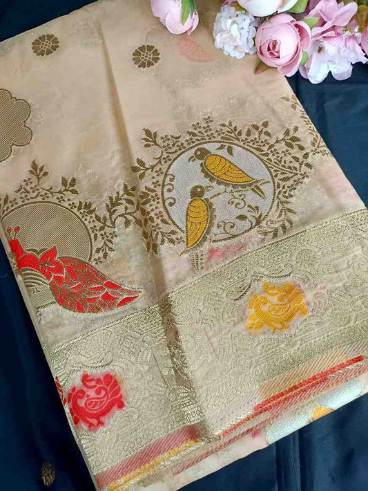 OFF WHITE PARROT PARTY BANARASI ORGANZA SAREE