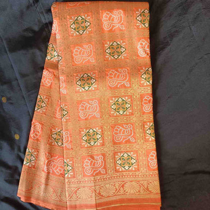 RADIANT ORANGE BLOSSOM BANDHEJ BANARASI SEMI SILK SAREE
