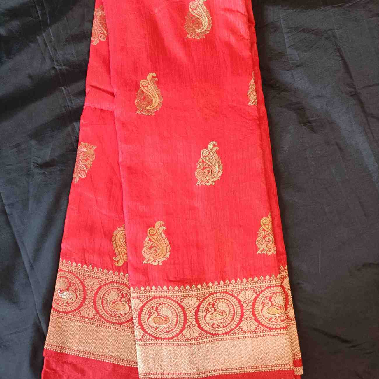 RED PEACOCK BUTTA MOTIFS BANARASI SEMI SILK SAREE