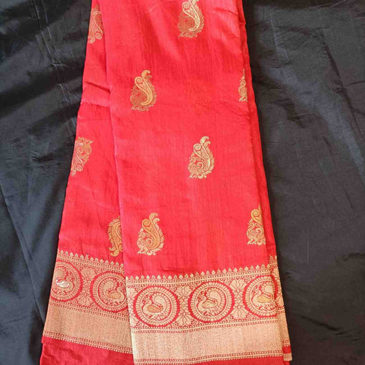 RED PEACOCK BUTTA MOTIFS BANARASI SEMI SILK SAREE