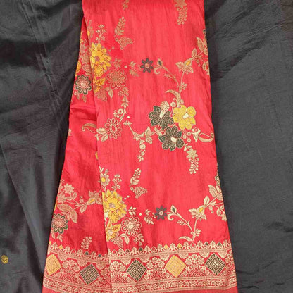 RED FLORAL JAAL PANCH MEENA BANARASI SEMI SILK SAREE