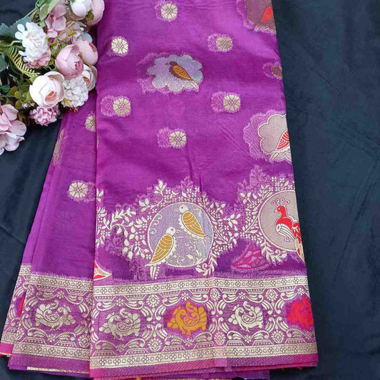 PURPLE PARROT PARTY BANARASI ORGANZA SAREE