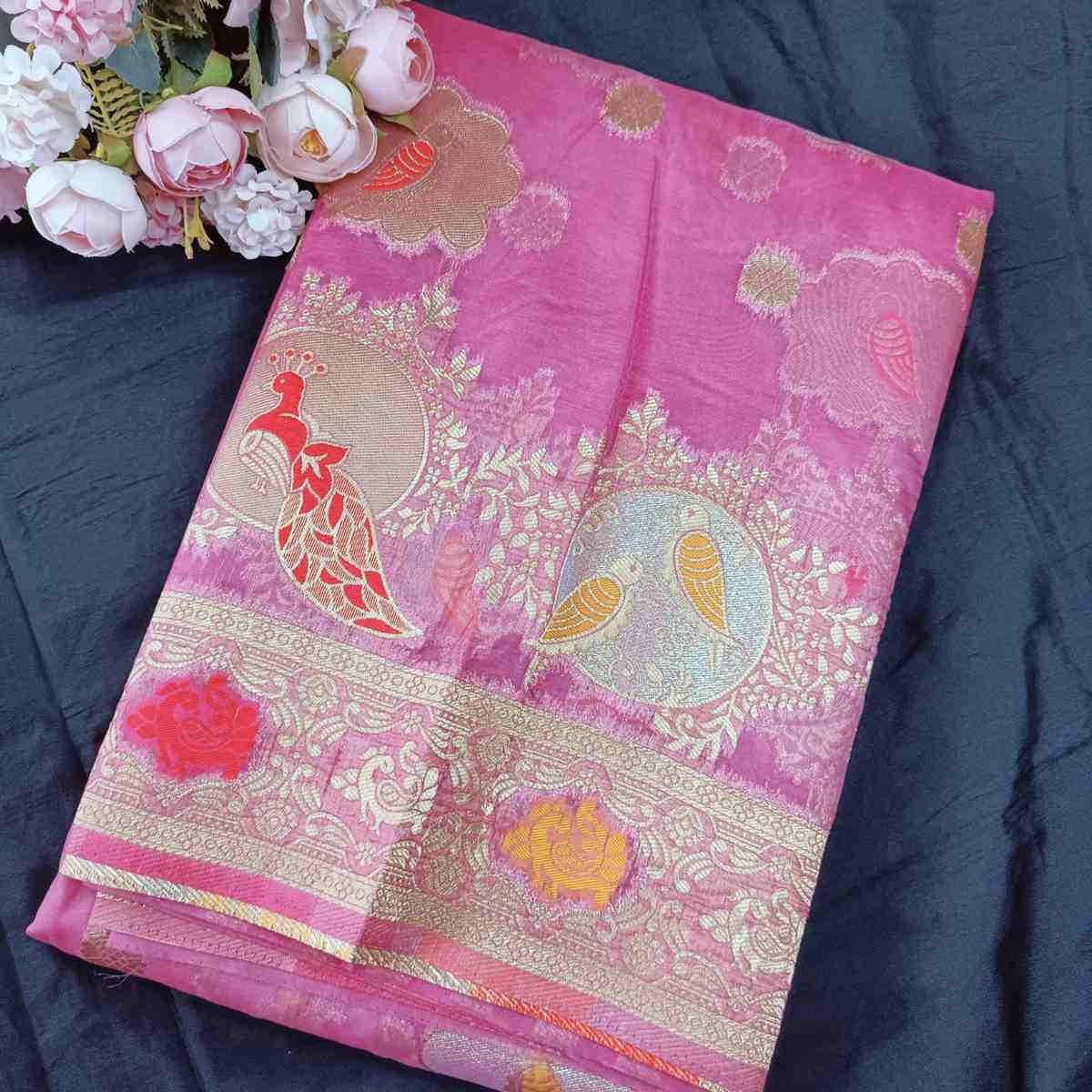 PINK PARROT PARTY BANARASI ORGANZA SAREE