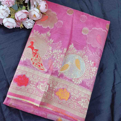 PINK PARROT PARTY BANARASI ORGANZA SAREE