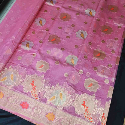 PINK PARROT PARTY BANARASI ORGANZA SAREE