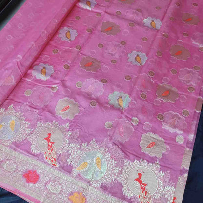 PINK PARROT PARTY BANARASI ORGANZA SAREE