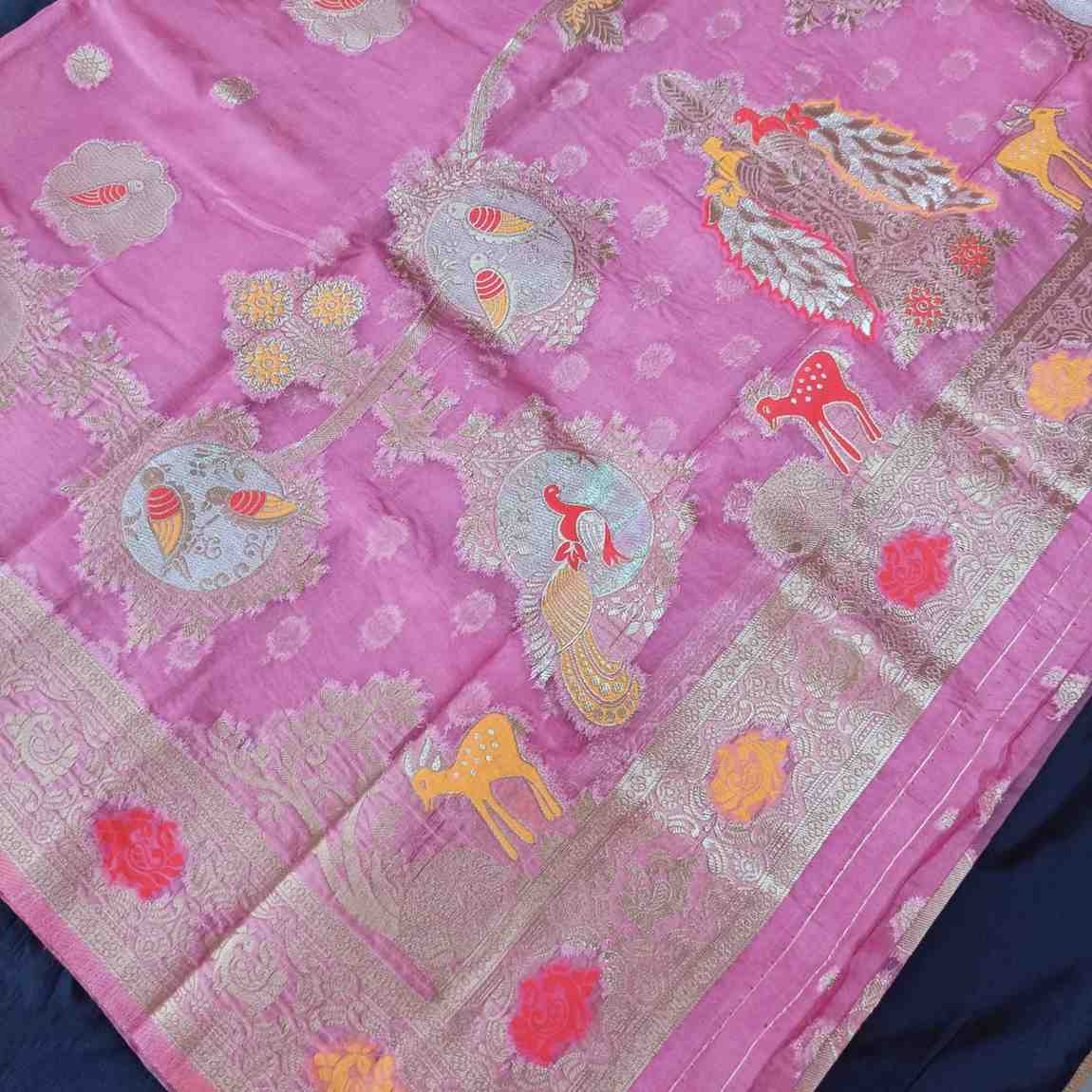 PINK PARROT PARTY BANARASI ORGANZA SAREE