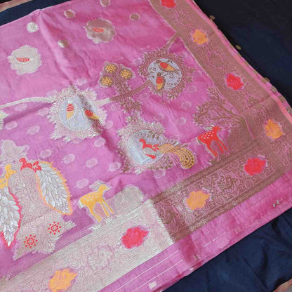 PINK PARROT PARTY BANARASI ORGANZA SAREE