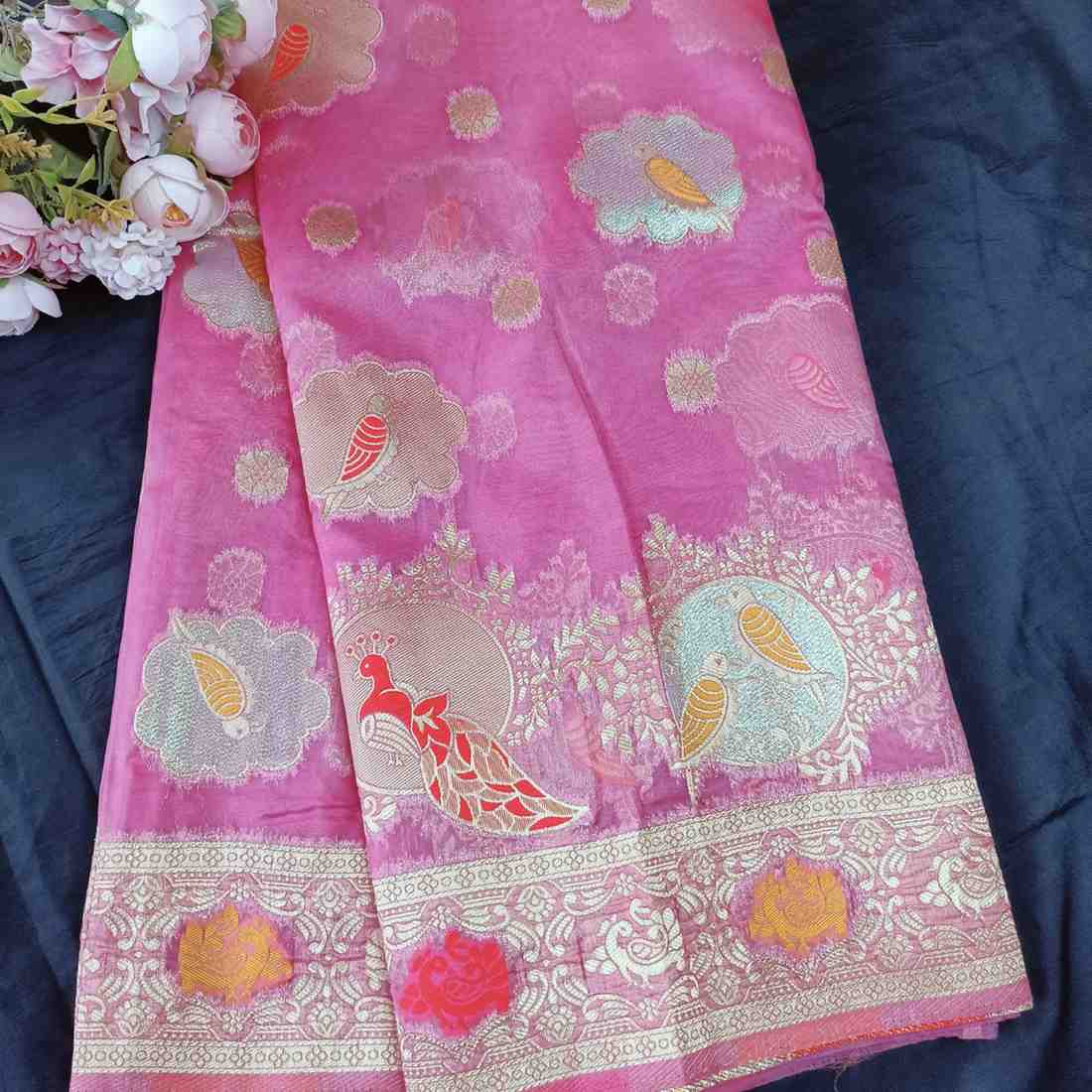 PINK PARROT PARTY BANARASI ORGANZA SAREE