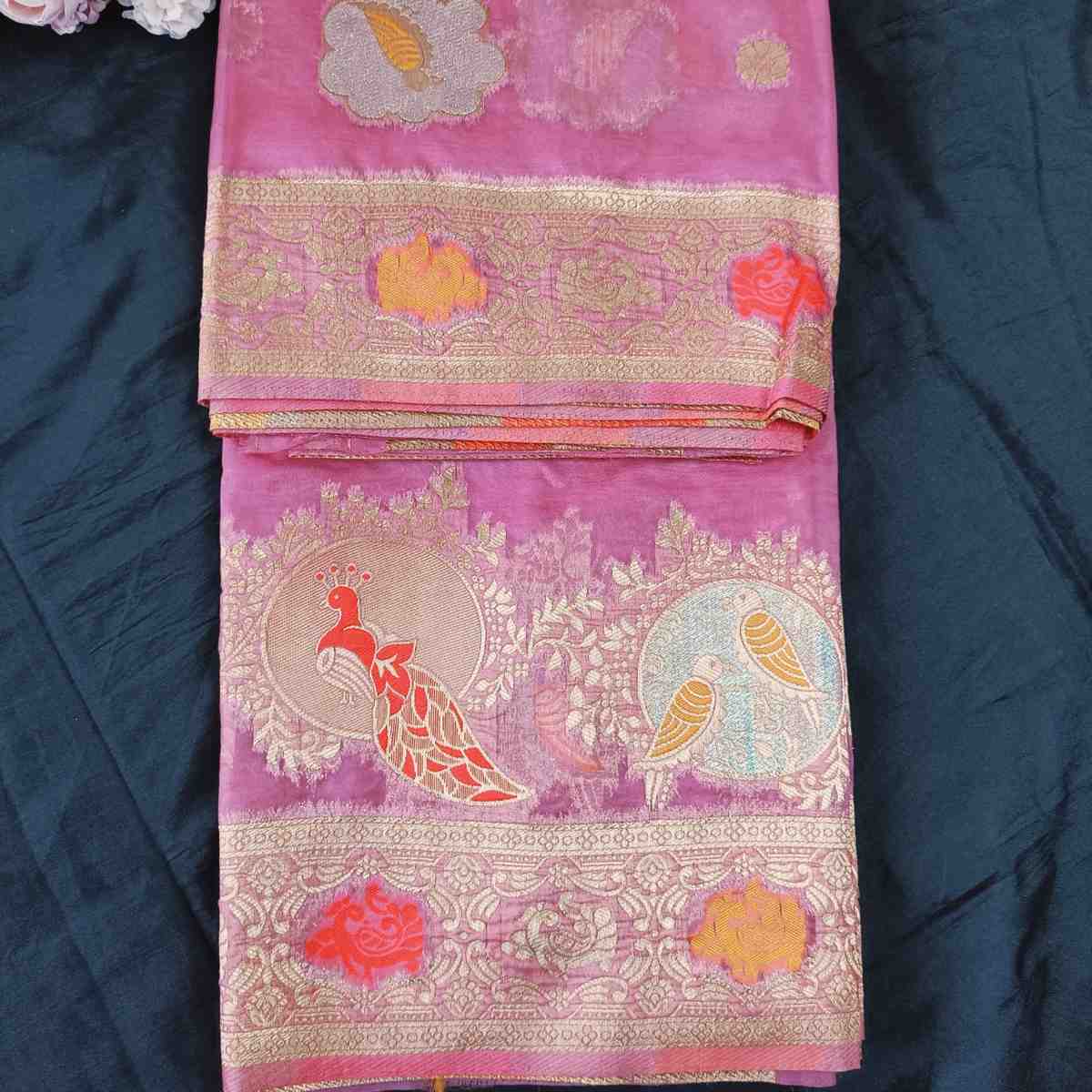 PINK PARROT PARTY BANARASI ORGANZA SAREE