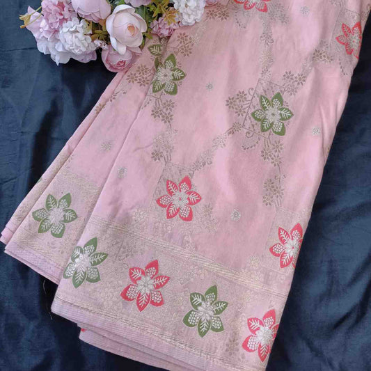 POWDER PEACH FLORAL JAAL MEENA BANARASI VISCOSE SAREE