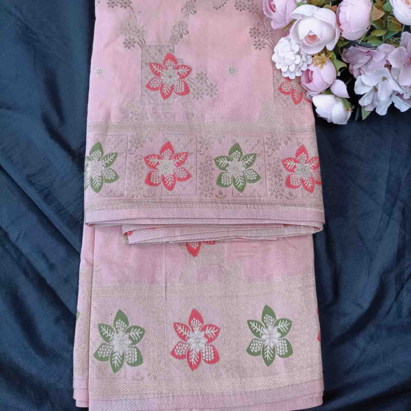 POWDER PEACH FLORAL JAAL MEENA BANARASI VISCOSE SAREE