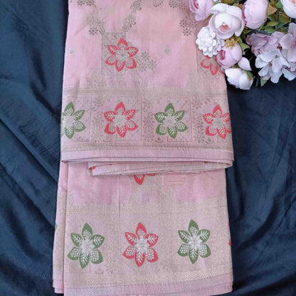 POWDER PEACH FLORAL JAAL MEENA BANARASI VISCOSE SAREE