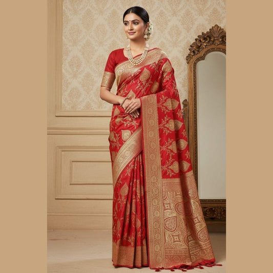RED MOTIFS BANARASI KATAN SILK SAREE
