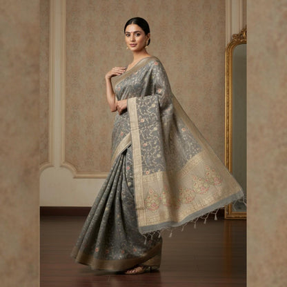 GREY MEENAKARI FLORAL JAAL PURE BANARASI KHADDI GEORGETTE SAREE