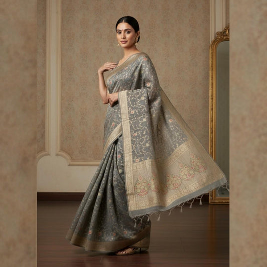 GREY MEENAKARI FLORAL JAAL PURE BANARASI KHADDI GEORGETTE SAREE