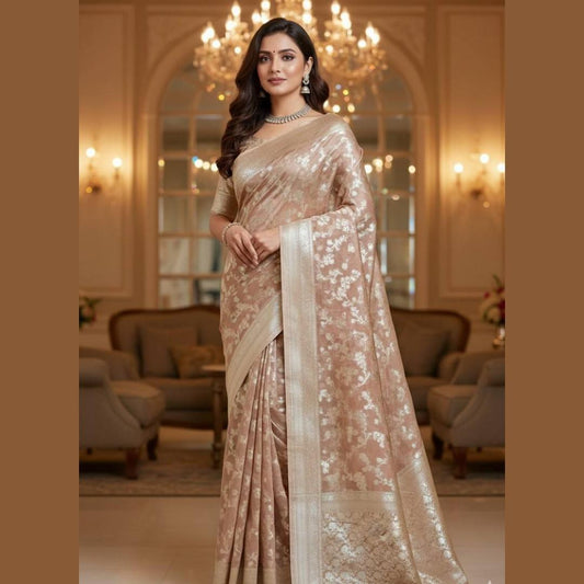 SKIN BROWN FLORAL JAAL PURE BANARASI KHADDI GEORGETTE SAREE