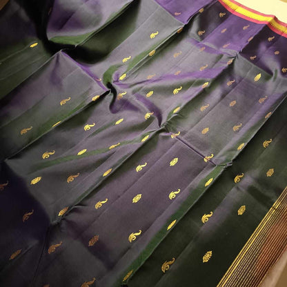 Pure Handloom Navy Blue Kanjivaram Silk Saree - Vanki Butta