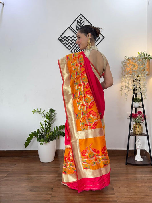RANI PINK CRANE SEQUIN BANARASI KATAN SILK SAREE