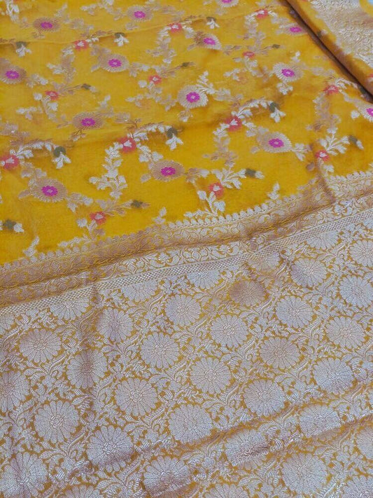 YELLOW MEENAKARI FLORAL JAAL KHADDI GEORGETTE BANARASI SAREE