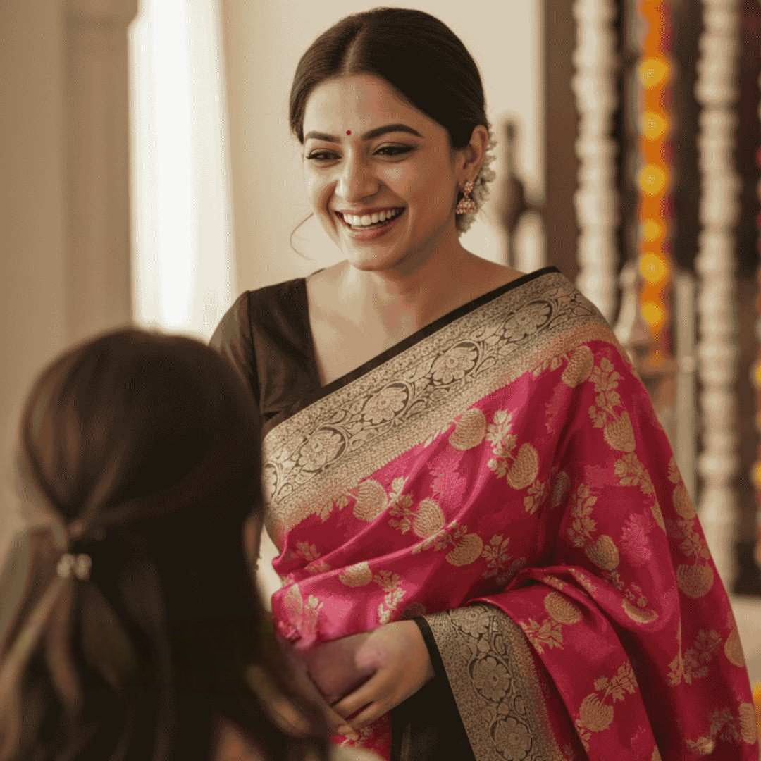 Woman in a pink saree with gold patterns smiling indoors