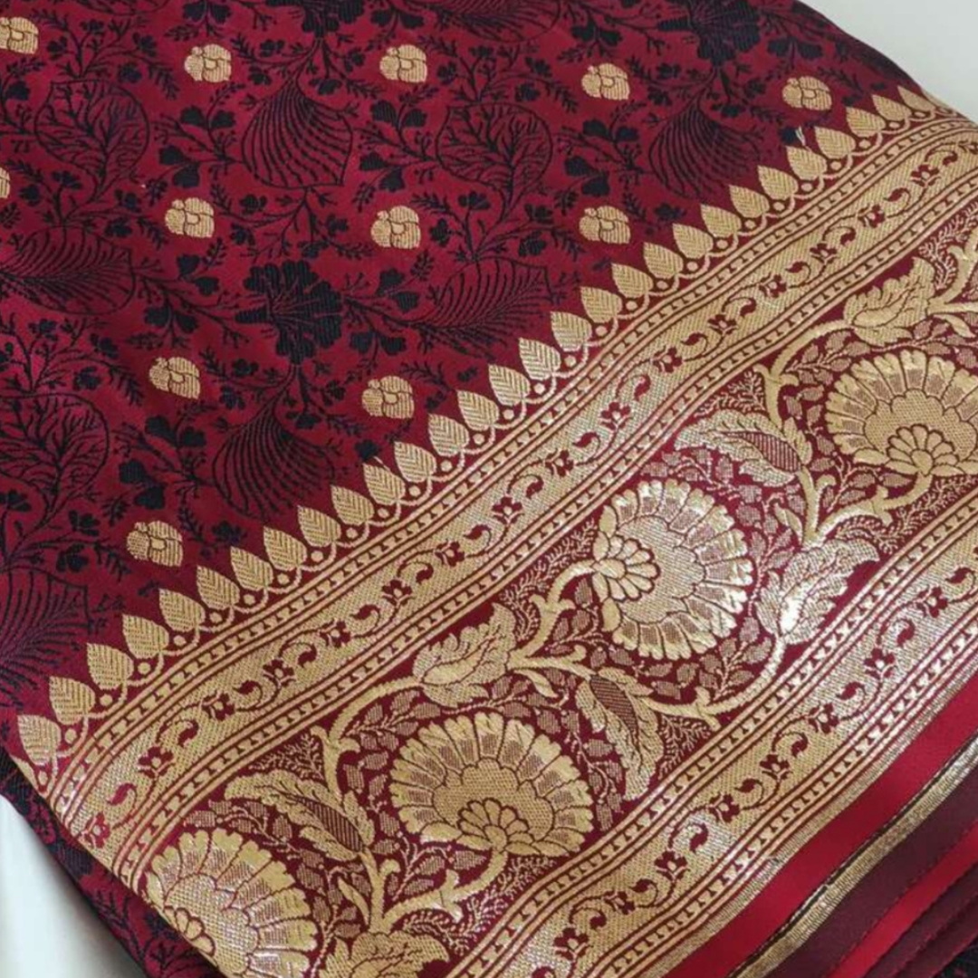 MAROON FLORAL BUTI TANCHUI BANARASI KATAN SILK SAREE