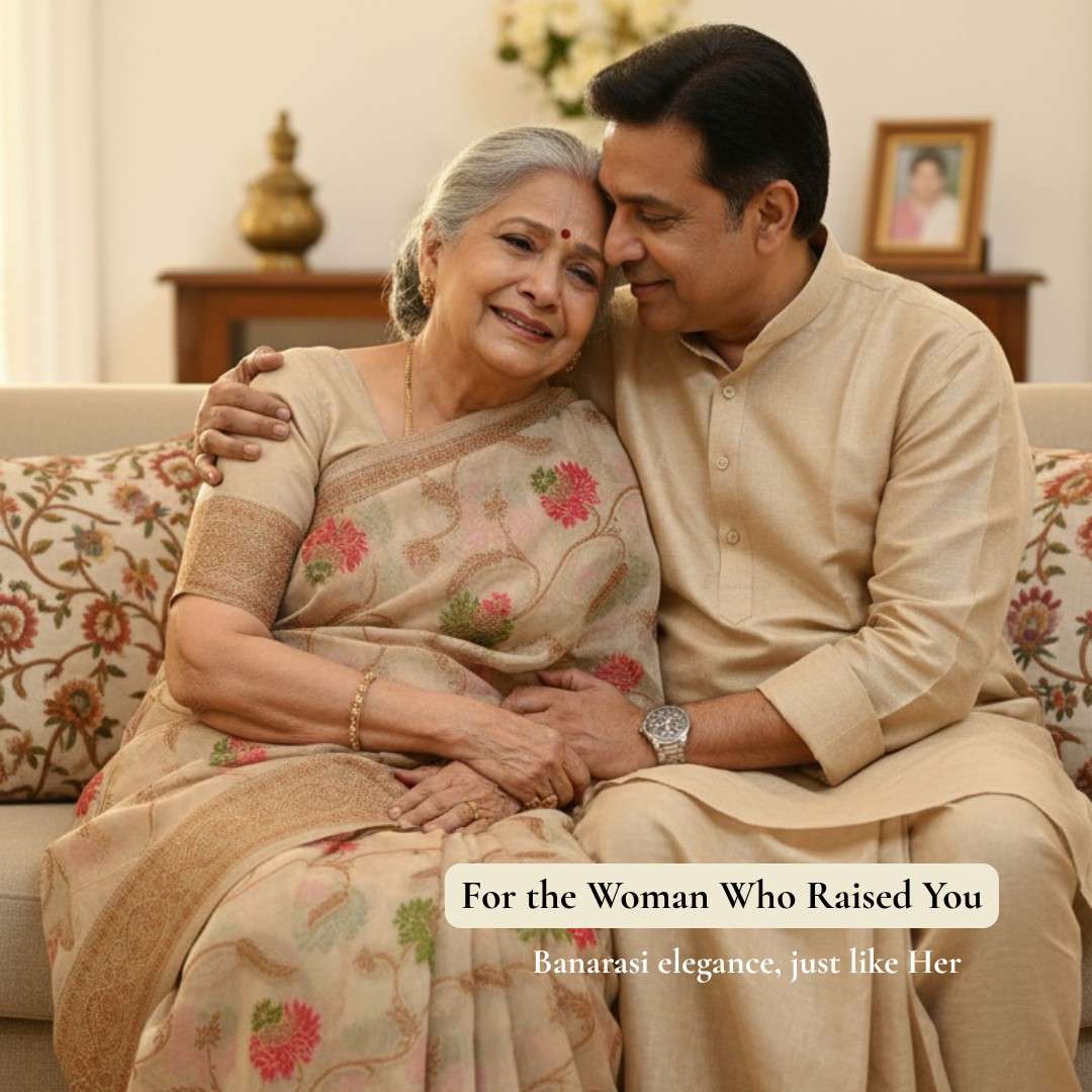 Man and woman sitting together on a couch, with text about Banarasi elegance.