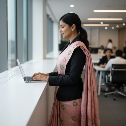 Woman in traditional attire using a laptop in an office setting