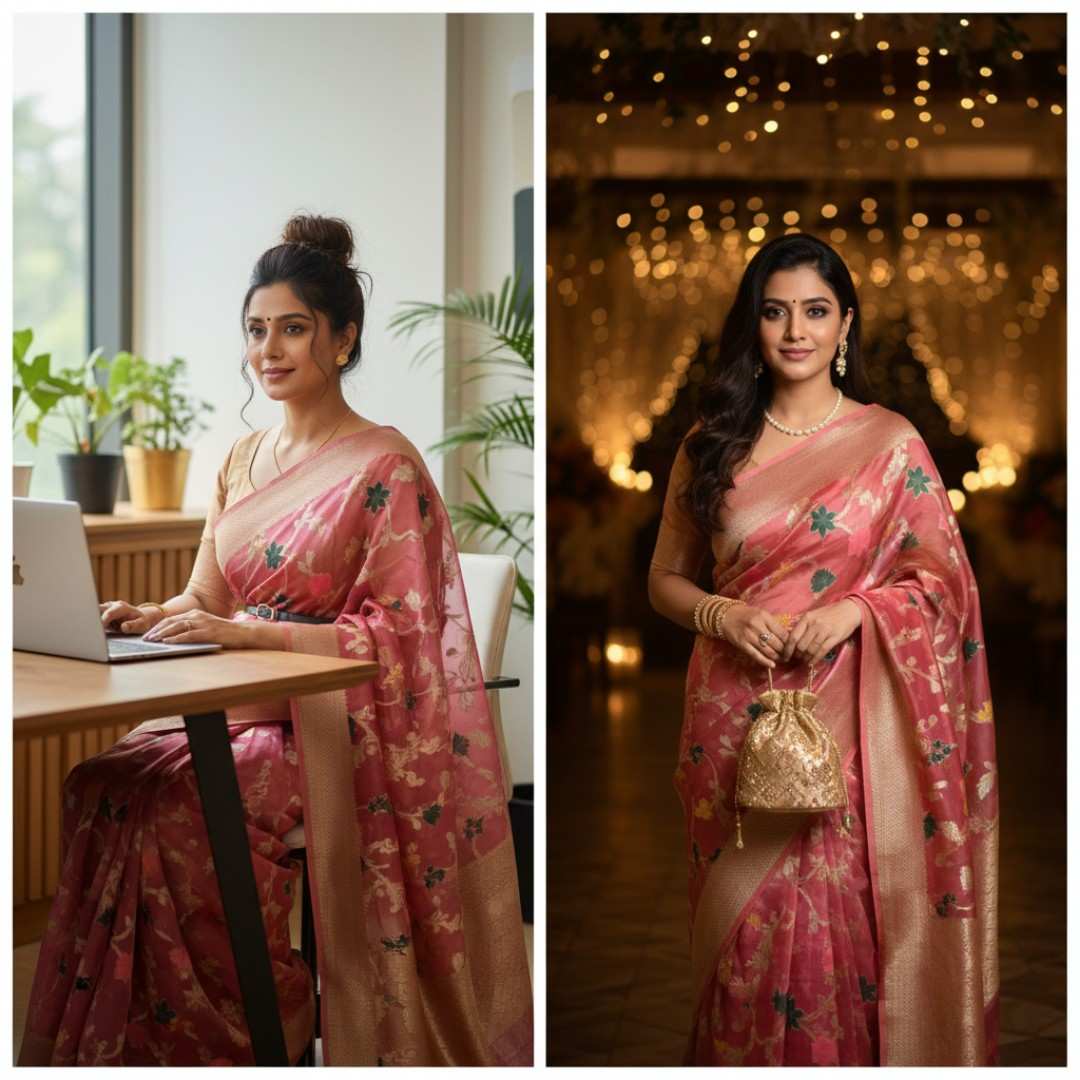 Woman in a pink saree working at a desk and posing indoors with decorative lights.