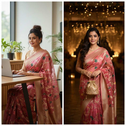 Woman in a pink saree working at a desk and posing indoors with decorative lights.
