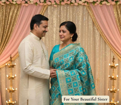 Man and woman in traditional attire standing in front of a decorated backdrop with 'For Your Beautiful Sister' text.