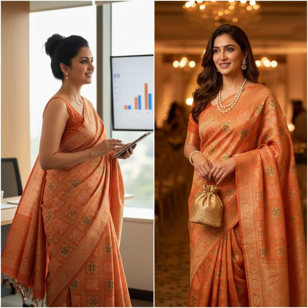Woman in an orange saree working in an office and at a formal event.
