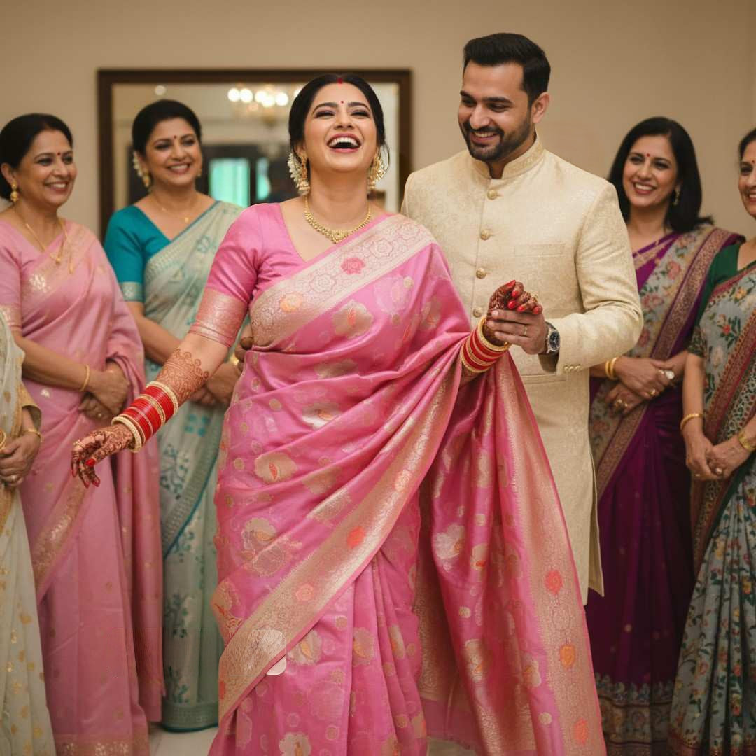 Woman in a pink saree with a man and other women in traditional attire, likely at a wedding or cultural event.