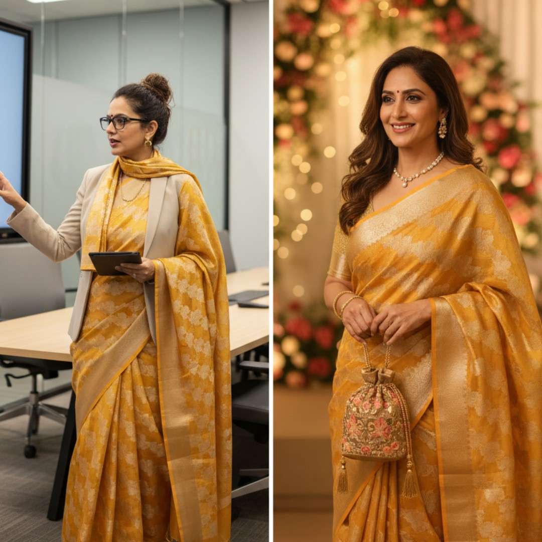 Woman in a yellow saree in an office setting and another setting with festive decorations.